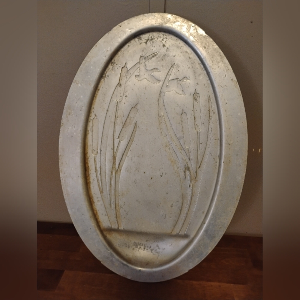 Oval Embossed Metal Serving Platter in Silver